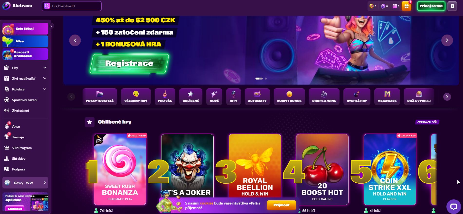 Kasino SlotRave nabízí ihned po registraci bonusový balíček ve výši 450 % s maximálním bonusem 62 500 Kč